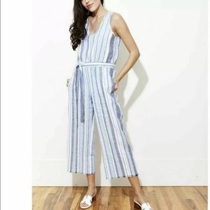Cloth & Stone Anthropologie Striped Sleeveless V-Neck Jumpsuit in Blue and White